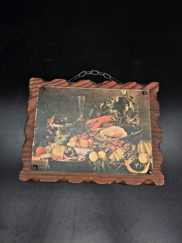 Dekoracyjna tabliczka drewniana z reprodukcją martwej natury – Hiszpania, 25 × 19 cm