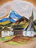 Ręcznie malowany drewniany talerz dekoracyjny – pejzaż alpejski, Ø 25 cm (Martin Schubert, 1993)