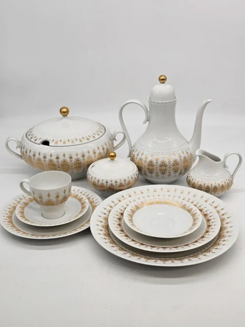 Zestaw porcelany Hutschenreuther Tirschenreuth Germany – biało-złoty komplet obiadowo-kawowy vintage