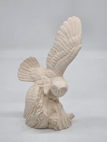 Duża Figura Płomykówka Sowa Beżowy Odlew Skrzydła Drewno 29 cm