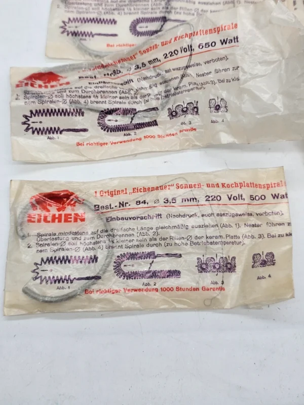 Zestaw 8x spirala grzewcza Eichenauer  220V Ø3,5 mm 500W 650W vintage NOS