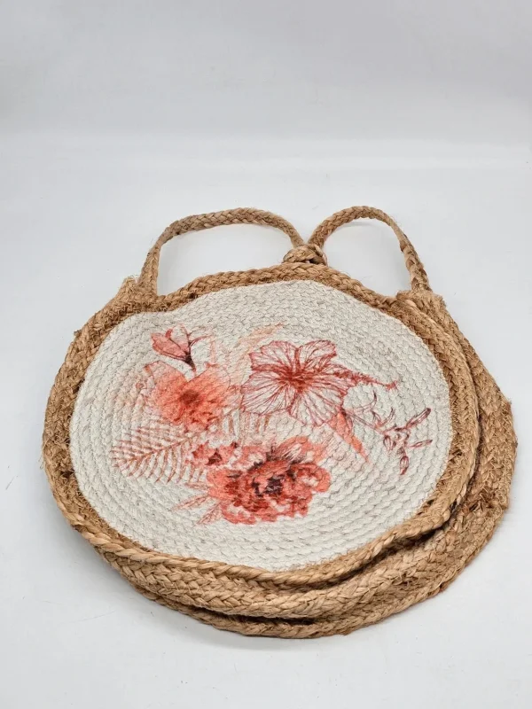 Torba pleciona depot jutowa z kwiatowym nadrukiem okrągła 40 cm
