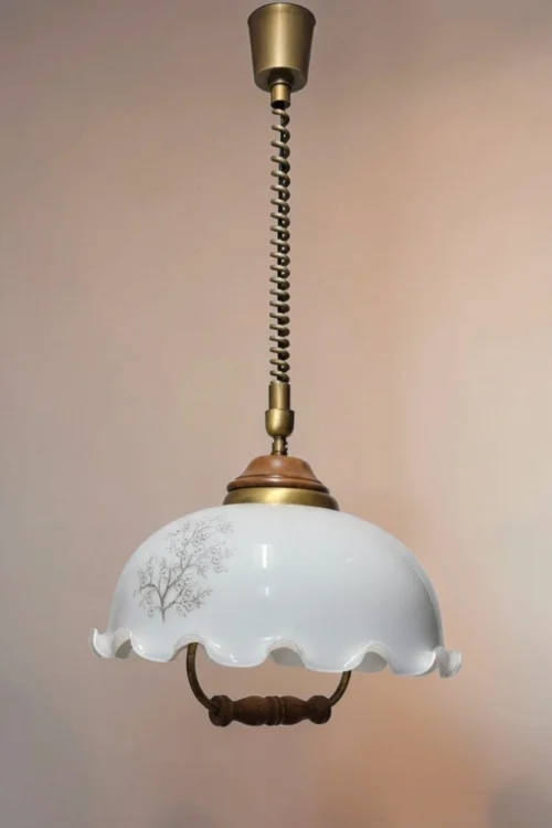 Lampa wisząca vintage regulowana biały szklany klosz kwiatowy wzór Italy 83 cm
