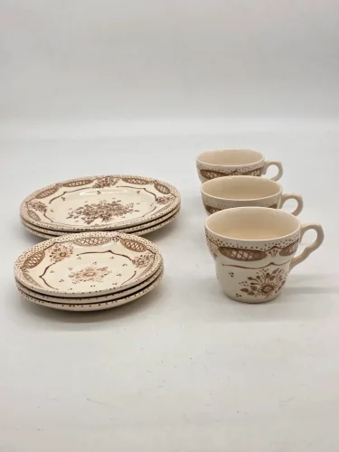 Zestaw kawowy vintage 3 osoby filiżanki + spodki + talerze brązowy wzór