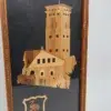 Obraz intarsja wieża ratusz herb bocian vintage ręczna praca 19x42