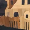 Obraz intarsja wieża ratusz herb bocian vintage ręczna praca 19x42