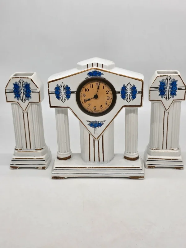 Francuski zegar kominkowy Art Deco ceramika niebieskie róże France 28 cm