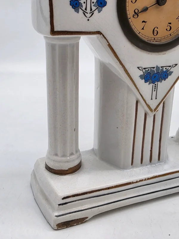 Francuski zegar kominkowy Art Deco ceramika niebieskie róże France 28 cm