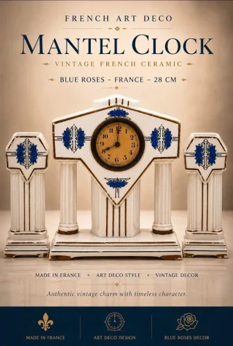 Francuski zegar kominkowy Art Deco ceramika niebieskie róże France 28 cm