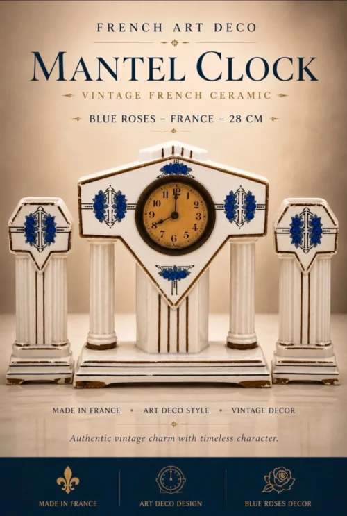 Francuski zegar kominkowy Art Deco ceramika niebieskie róże France 28 cm