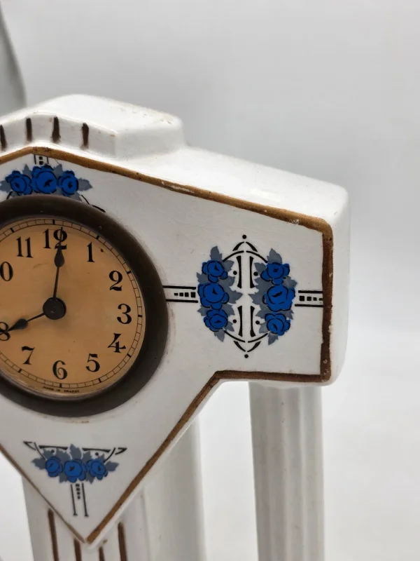 Francuski zegar kominkowy Art Deco ceramika niebieskie róże France 28 cm