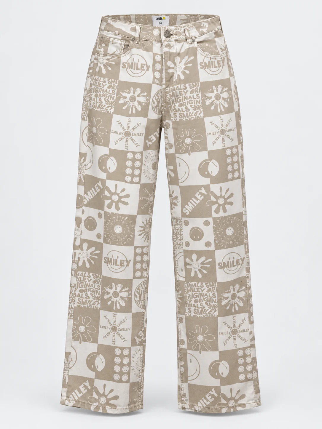 Jeansy damskie H&M x Smiley Originals Wide Leg beżowo-białe – EU 38