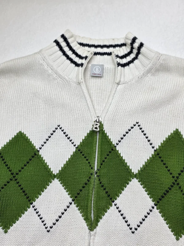 Sweter damski Bogner Fire+Ice biały zapinany 100% bawełna zielone romby