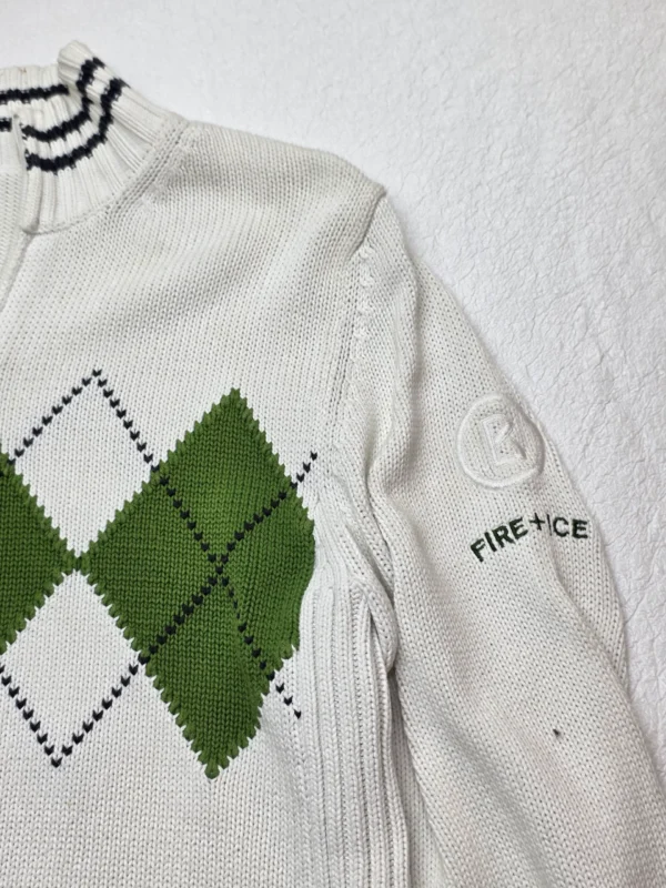 Sweter damski Bogner Fire+Ice biały zapinany 100% bawełna zielone romby