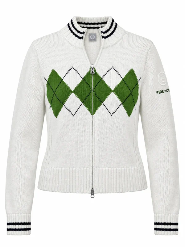Sweter damski Bogner Fire+Ice biały zapinany 100% bawełna zielone romby