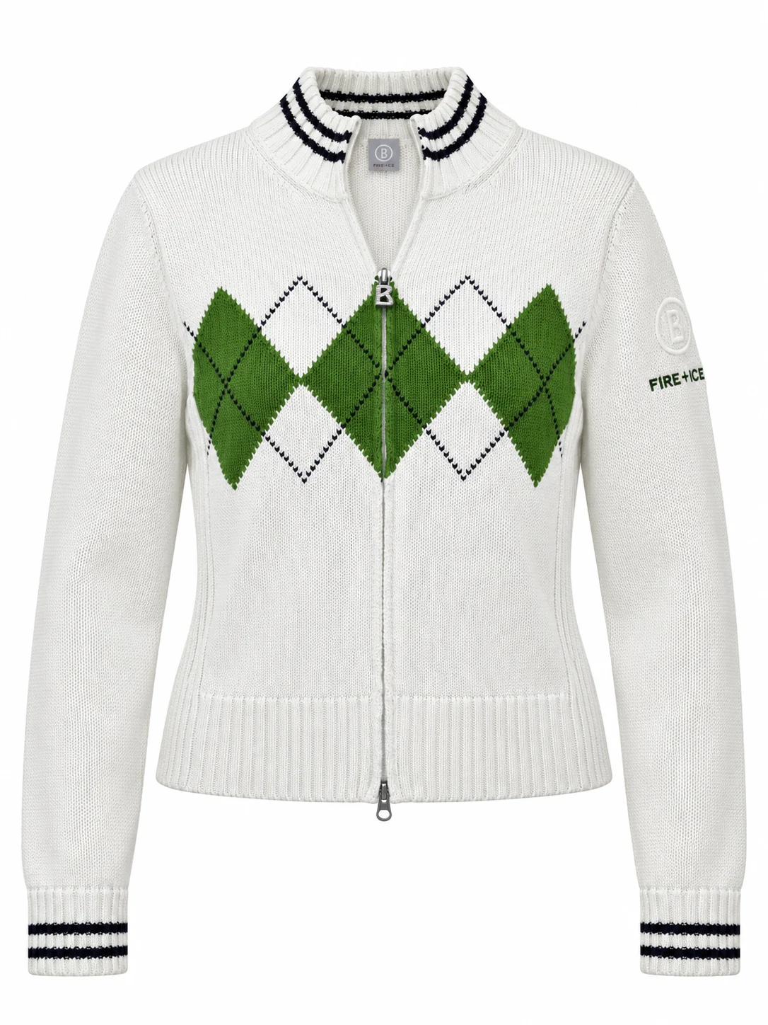 Sweter damski Bogner Fire+Ice biały zapinany 100% bawełna zielone romby