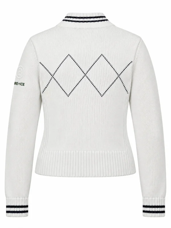 Sweter damski Bogner Fire+Ice biały zapinany 100% bawełna zielone romby