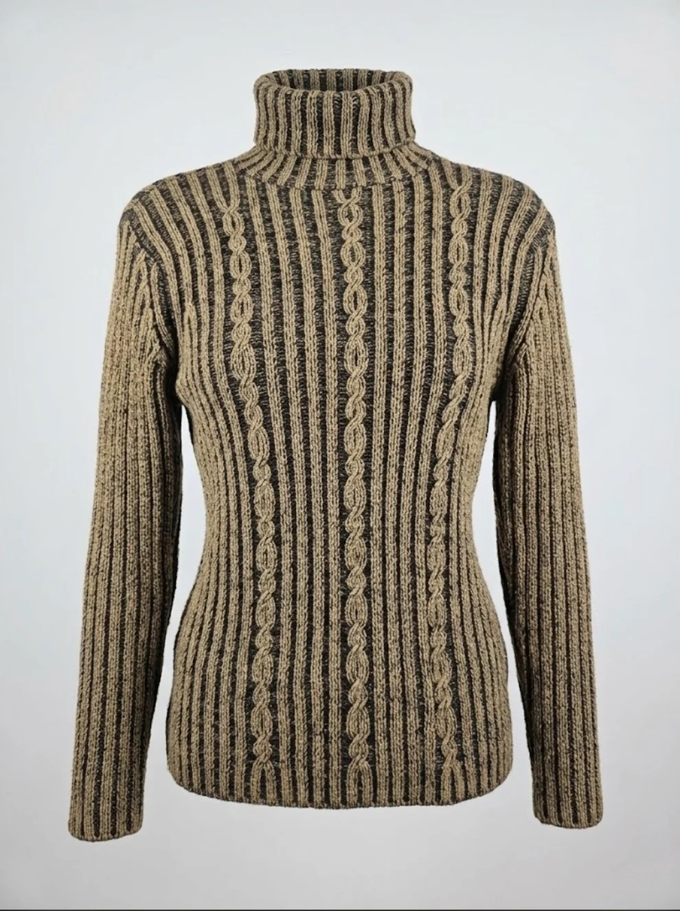 Sweter damski Bonita golf warkoczowy beżowo-czarny gruby splot M